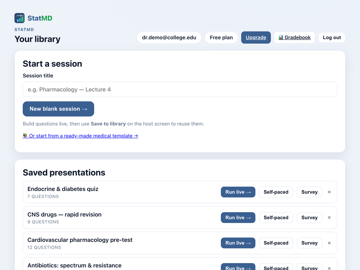 Teacher dashboard — StatMD live polling & quizzes for medical teaching